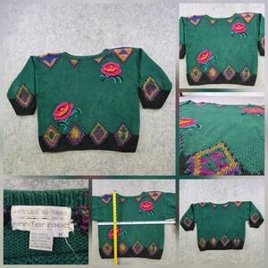 Jennifer Reed Sweater Womens Medium Green Ramie Cotton Rose Argyle Knit Pullover